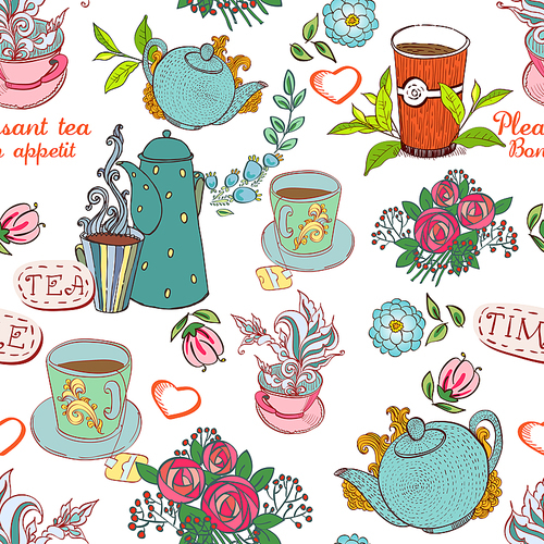 Seamless texture cups, teapots, tea, flowers in doodle style