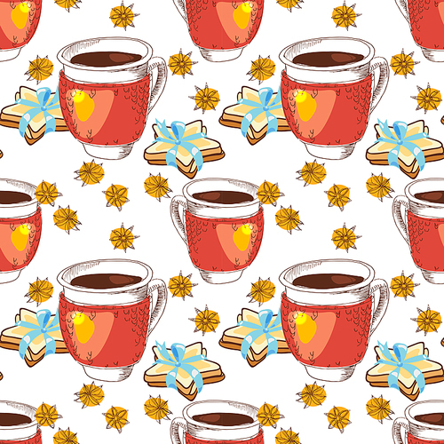 Seamless texture cup of tea, coffee, in knitting, cookies in the form of stars and star anise with doodle style
