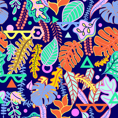 Tropical vibrant background with tropical leaves  seamless pattern. Vibratory pink colors of the jungle in the style of memphis, punk, neurofunk, trance, rave. Fashionable decorative textures