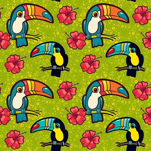 Toucan and Hibiscus. Tropical Green seamless pattern. Vector ornament in cartoon style. American  bill, ramphastida. Texture for scrapbooking, wrapping paper, web, textile, surface design, fashion