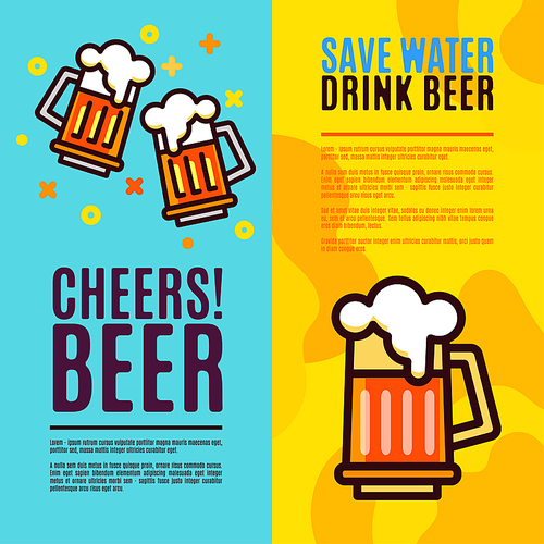 Beer in glass mug Thin style Set Banner layout with text for printing, website Art poster with quote Cheers beer and Save water drink beer For the traditional autumn festival Oktoberfest, pub bar menu