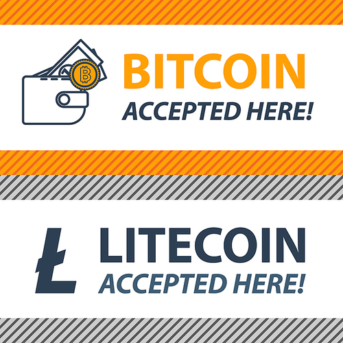Bitcoin, litecoin accepted here sticker. Set banners. Vector coin flat design. Advertising template for your website.