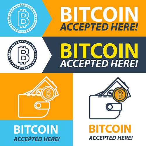 Bitcoin accepted here sticker. Set banners. Vector coin flat design. Advertising template for your website.