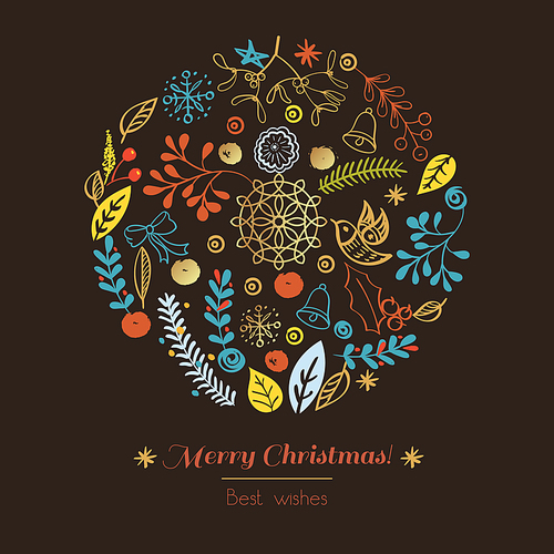 Postcard Merry Christmas. Congratulations on Christmas and New Year on a broun background in the style of hand-drawing