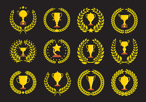 Gold trophy for first place. Set of silhouette icons. Vector illustration