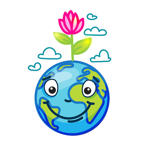 Smiling globe (Earth) in cartoon doodle style with pink flower on her head and clouds in the sky. For design, posters, cards, flyers, websites
