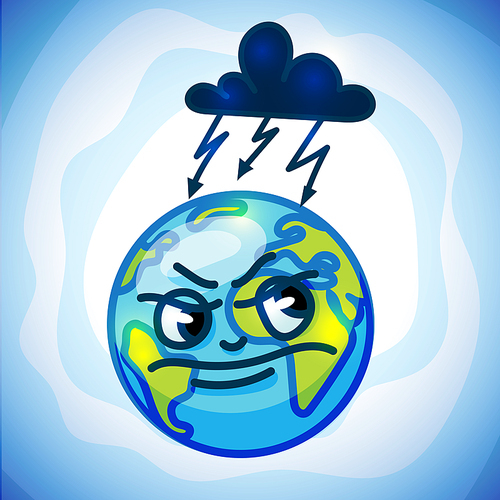 frowning Earth planet with thunder and lightning, drawn in a cartoon style