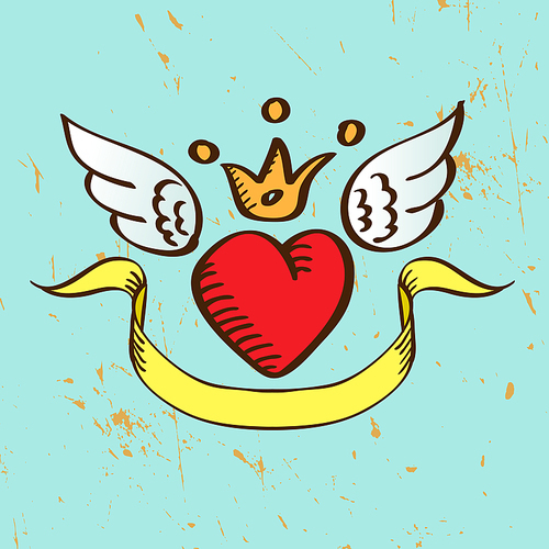 Flying Red Heart with Crown Wings and Banner Illustration