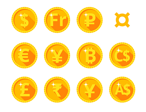Eleven gold icons of the world of money and currency symbol. Vector illustration. Flat style.