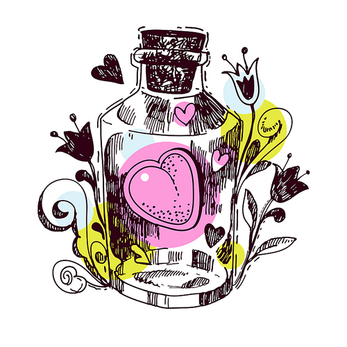 Romantic love potion. Heart  of an elixir in the style hand drawn to  on t-shirt, bag, postcard