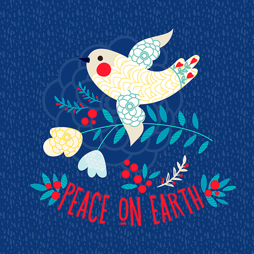 Christmas card. Peace on earth. Vintage White dove on a blue background with flowers and berries.