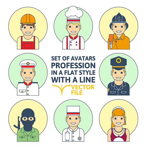 Set of colorful Different profession people flat style icons in circles vector illustration