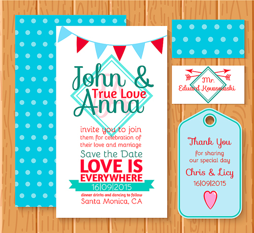 Set wedding printing white and blue, invitation, rsvp, tag for your design.