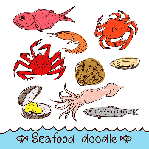 Seafood, painted in the style of doodle, sketch, Scribble. Vector