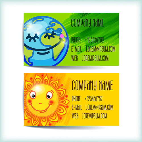 Set saturated modern business card template cartoon globe and sun