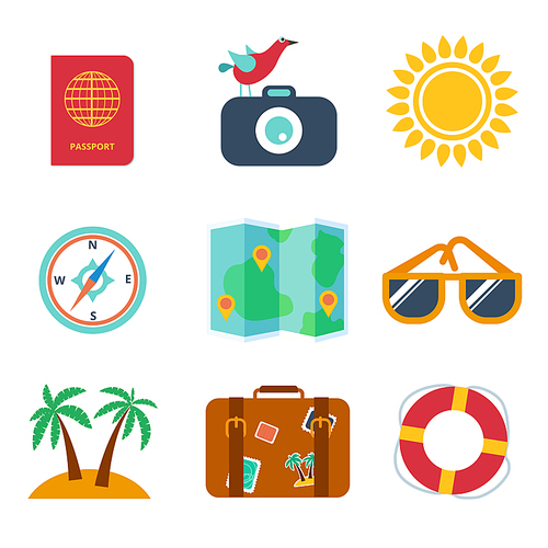 Icons on the theme of travel, summer in the flat style
