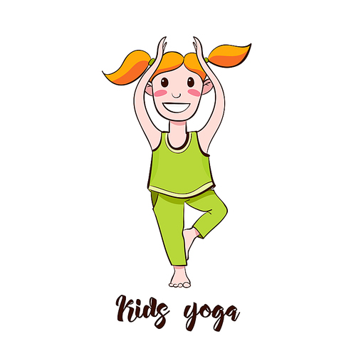 Yogi Girl standing in a tree pose on one leg. Suitable for children s yoga studio logo. Cartoon style. Decal, vinyl sticker