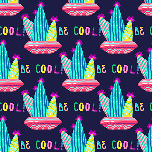 Spiny cactus  for textiles. Cute, juicy seamless pattern with succulents in the Scandinavian style. Mexican desert plants. For kids design, background, fabrics, t-shirts, clothes. Vector