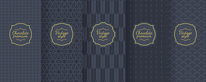 Set of dark vintage seamless backgrounds for luxury packaging design. Geometric pattern in black. Suitable for premium boxes of cosmetics, wine, jewelry. Elegant vector ornament set. Fabric .