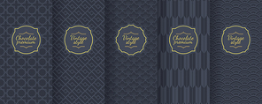 Set of dark vintage seamless backgrounds for luxury packaging design. Geometric pattern in black. Suitable for premium boxes of cosmetics, wine, jewelry. Elegant vector ornament set. Fabric .