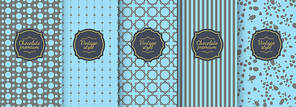 Set of blue vintage seamless backgrounds for luxury packaging design. Geometric pattern in black. Suitable for premium boxes of cosmetics, wine, jewelry. Elegant vector ornament set. Fabric .