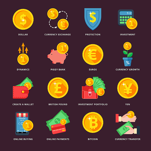 Currency exchange in the banking system online, offline, in many ways. Icons in a flat style.