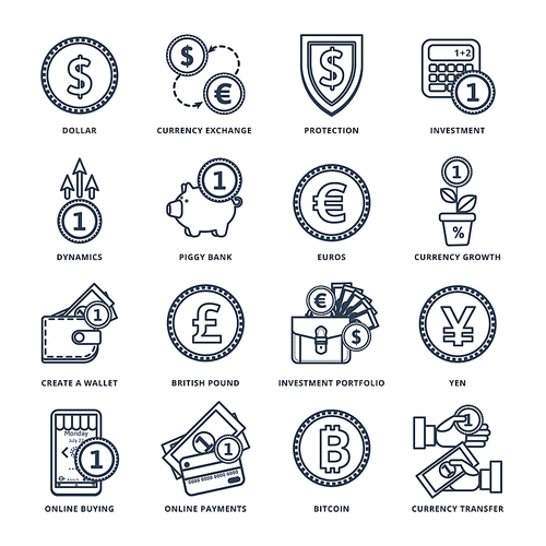 Currency exchange in the banking system online, offline, in many ways. Icons in a line style.