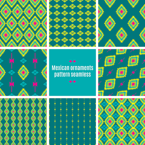 Mexican Folkloric  tracery. Set bright seamless patterns for fabrics, prints, scrapbooking, wallpapers.