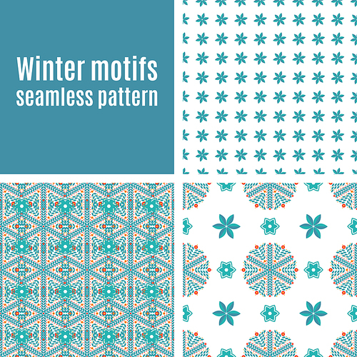 Set vintage seamless  pattern of blue snowflakes