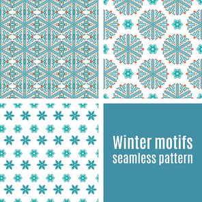 Set vintage seamless  pattern of blue snowflakes