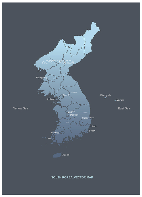 한국의 지역명이 표기된 한반도 지도
