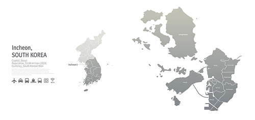 인천광역시 지도. 한국의 지방도시 맵 벡터
