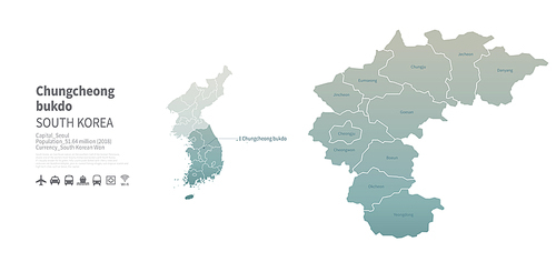 충청북도 지도. 한국의 행정구역 벡터 맵