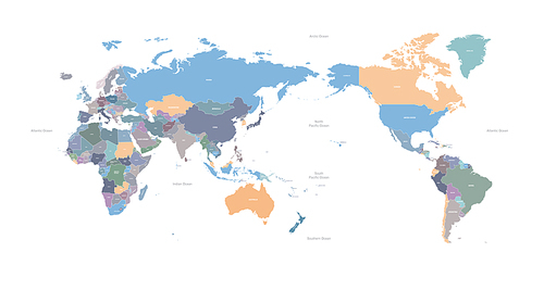 화려한 색상의 나라별 이름이 표기된 세계지도 벡터. world map vector.