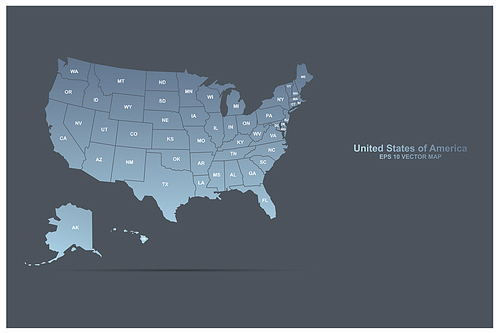 블루컬러의 그린컬러의 미국의 주 상세지도. usa map.