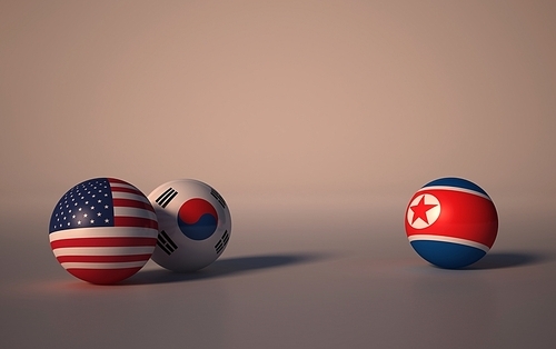 한국과 미국,북한의 국기 공. flag ball 3d rendering