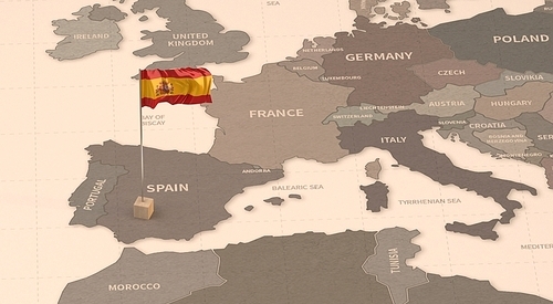 빈티지 맵위의 스페인 국기. spain flag.