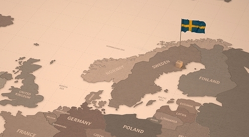 빈티지 맵위의 스웨덴 국기. sweden flag.
