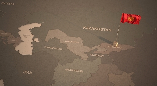 빈티지 맵 위의 키르기스탄 국기. kyrgyzstan flag.