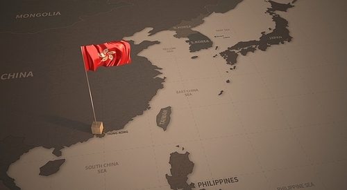 빈티지 맵 위의 홍콩 국기. hongkong flag.