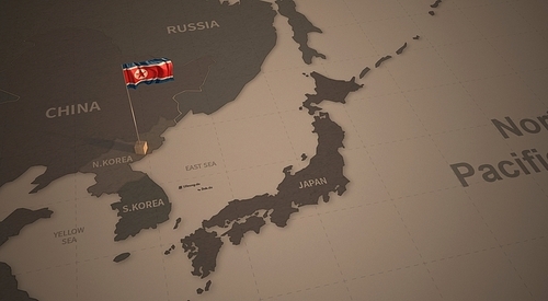 빈티지 맵 위의 북한 국기. north korea flag.