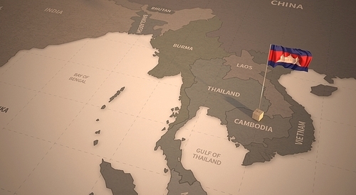 빈티지 맵 위의 캄보디아 국기. cambodia flag.