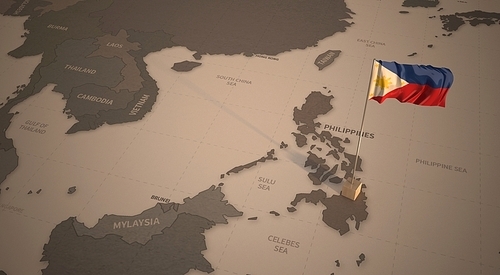 빈티지 맵 위의 필린핀 국기. philippines flag.