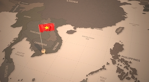 빈티지 맵 위의 베트남 국기. vietnam flag.