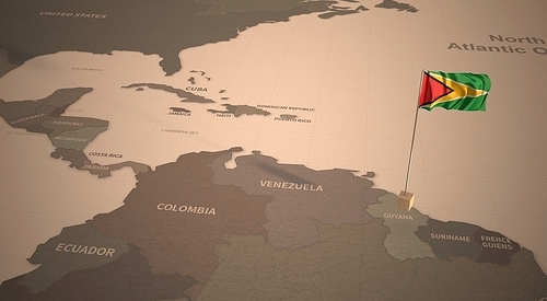 빈티지 맵 위의 가이아나 국기. guyana flag.