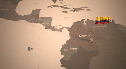 빈티지 맵 위의 콜롬비아 국기. colombia flag.