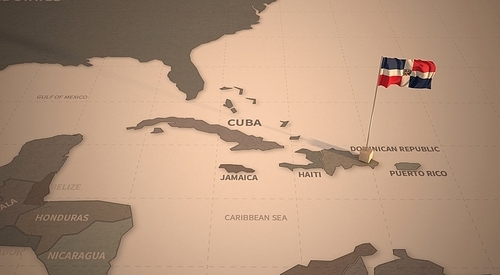 빈티지 맵 위의 도미니카 공화국 국기. dominican republic flag.