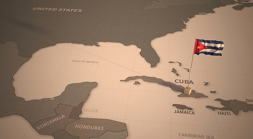 빈티지 맵 위의 쿠바 국기. cuba flag.