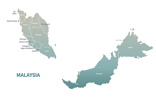 말레이시아 지도. 그린컬러의 아시아 국가지도 vector.