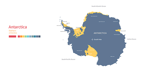 남극 대륙 지도. 국가별 분리된 세계지도.
